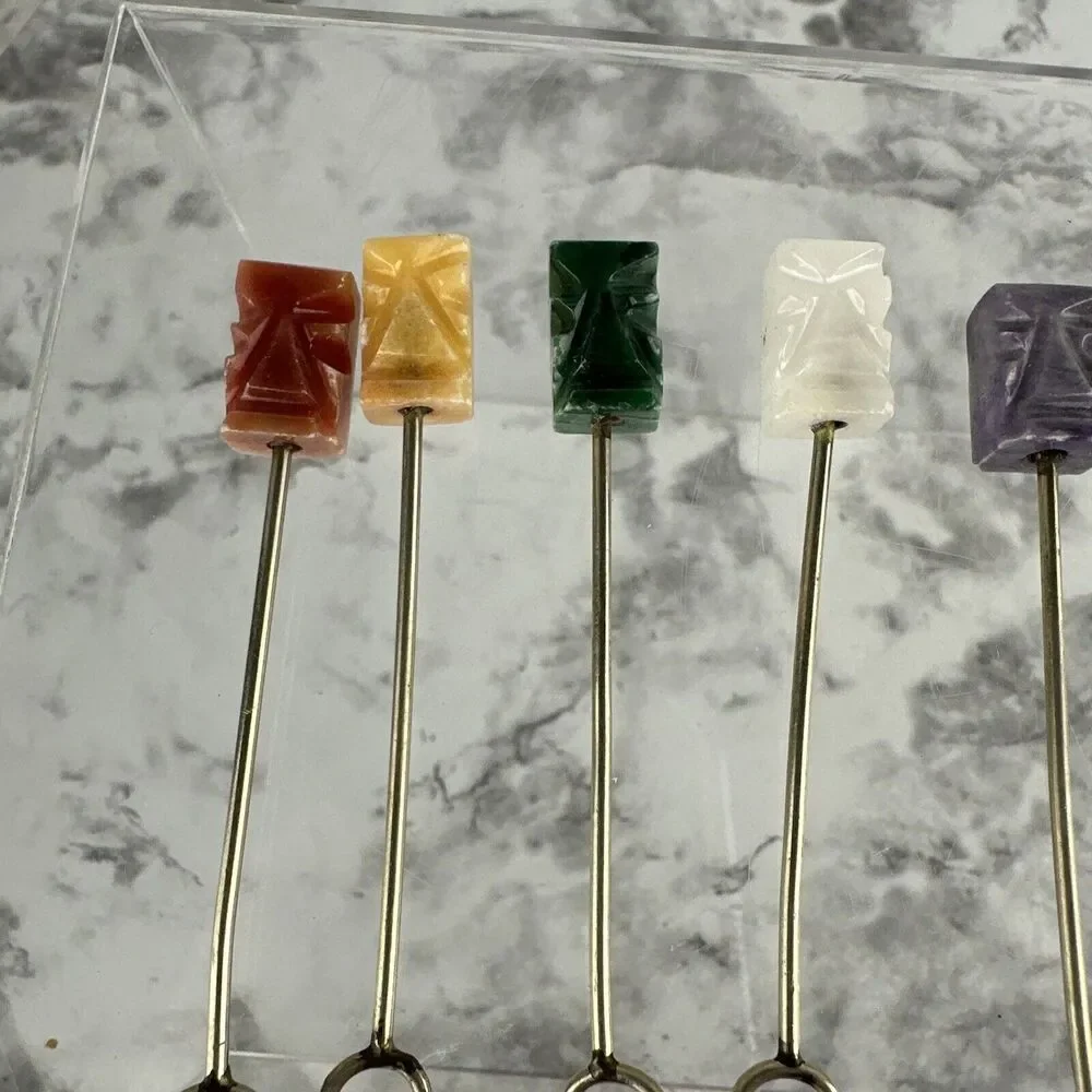 Vintage Tiki Easter Island Cocktail Appetizer Forks Skewer Carved Stone Set 12